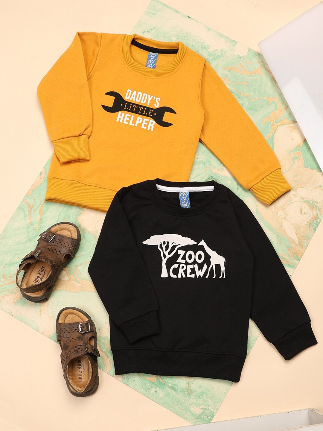 

V-Mart Boys Pack Of 2 Typography Printed Fleece Sweatshirt, Mustard