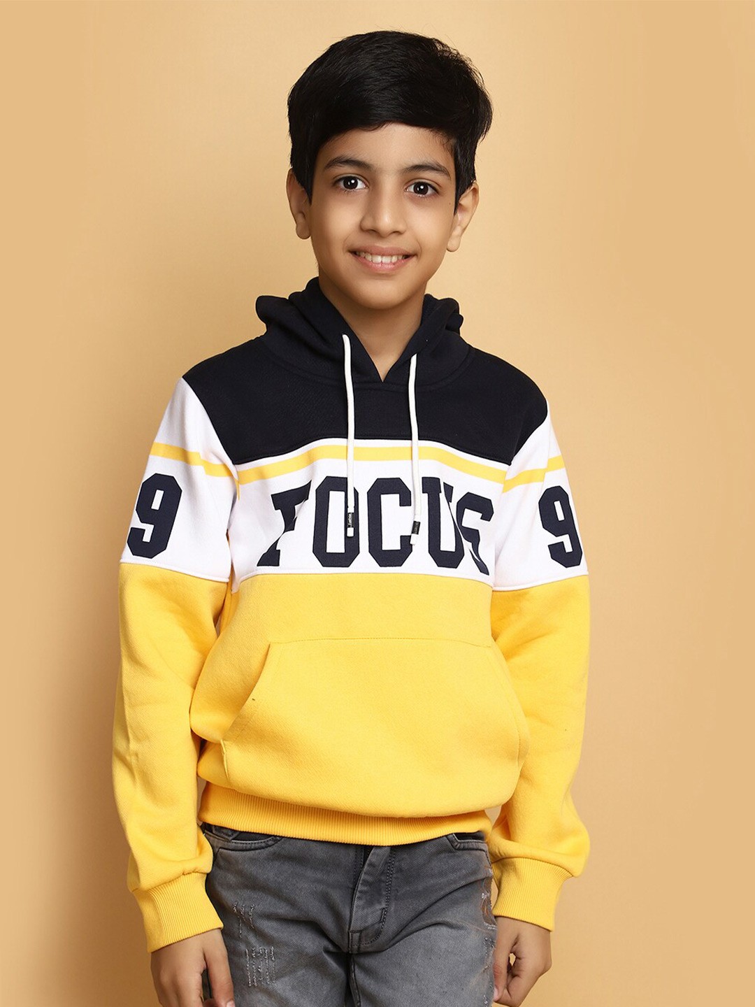 

V-Mart Boys Typography Printed Hooded Sweatshirt, Yellow