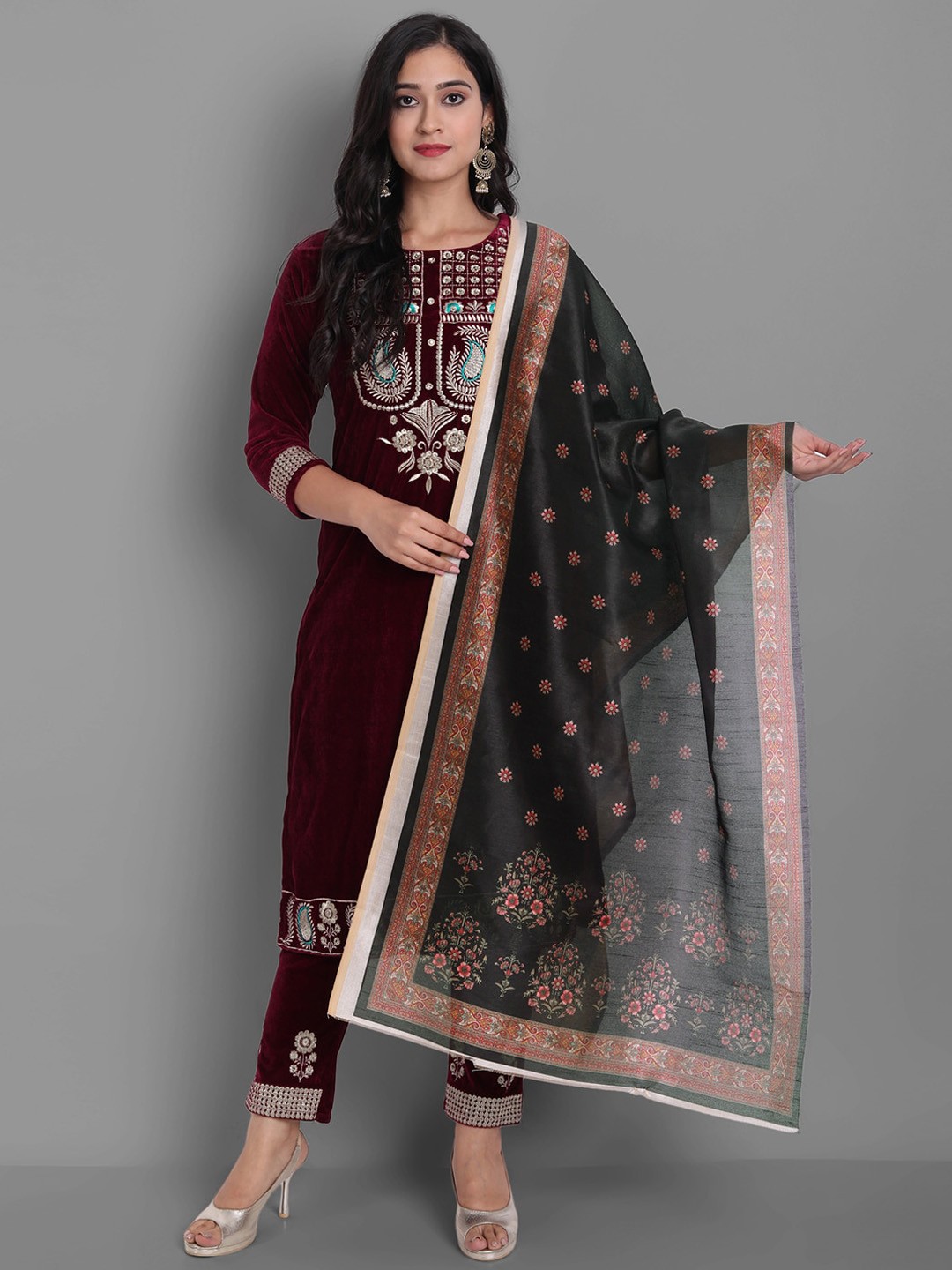 

KALINI Ethnic Motifs Embroidered Thread Work Velvet Kurta With Trousers & Dupatta, Brown