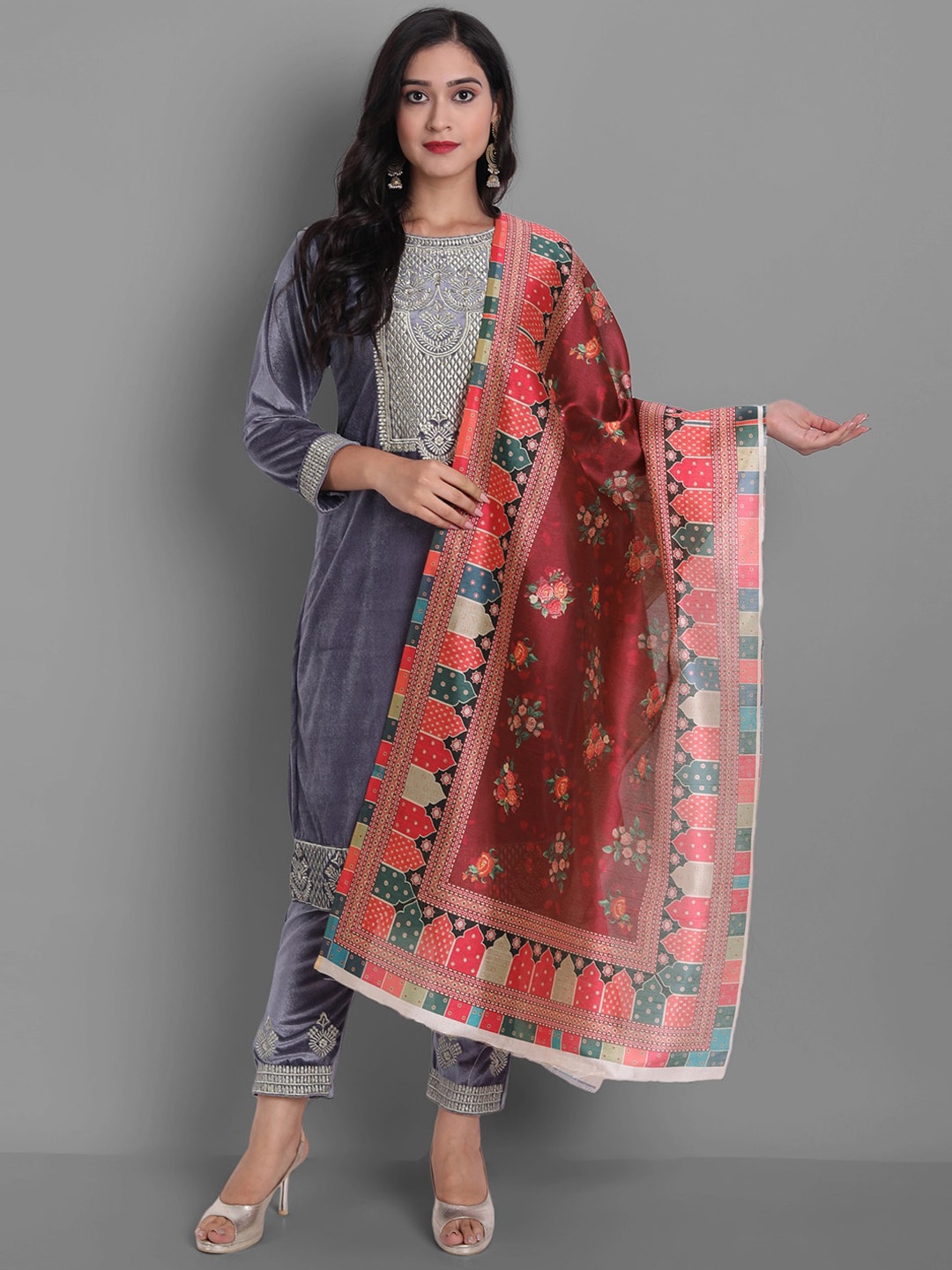 

KALINI Ethnic Motifs Yoke Design Thread Work Velvet Straight Kurta & Trousers With Dupatta, Grey