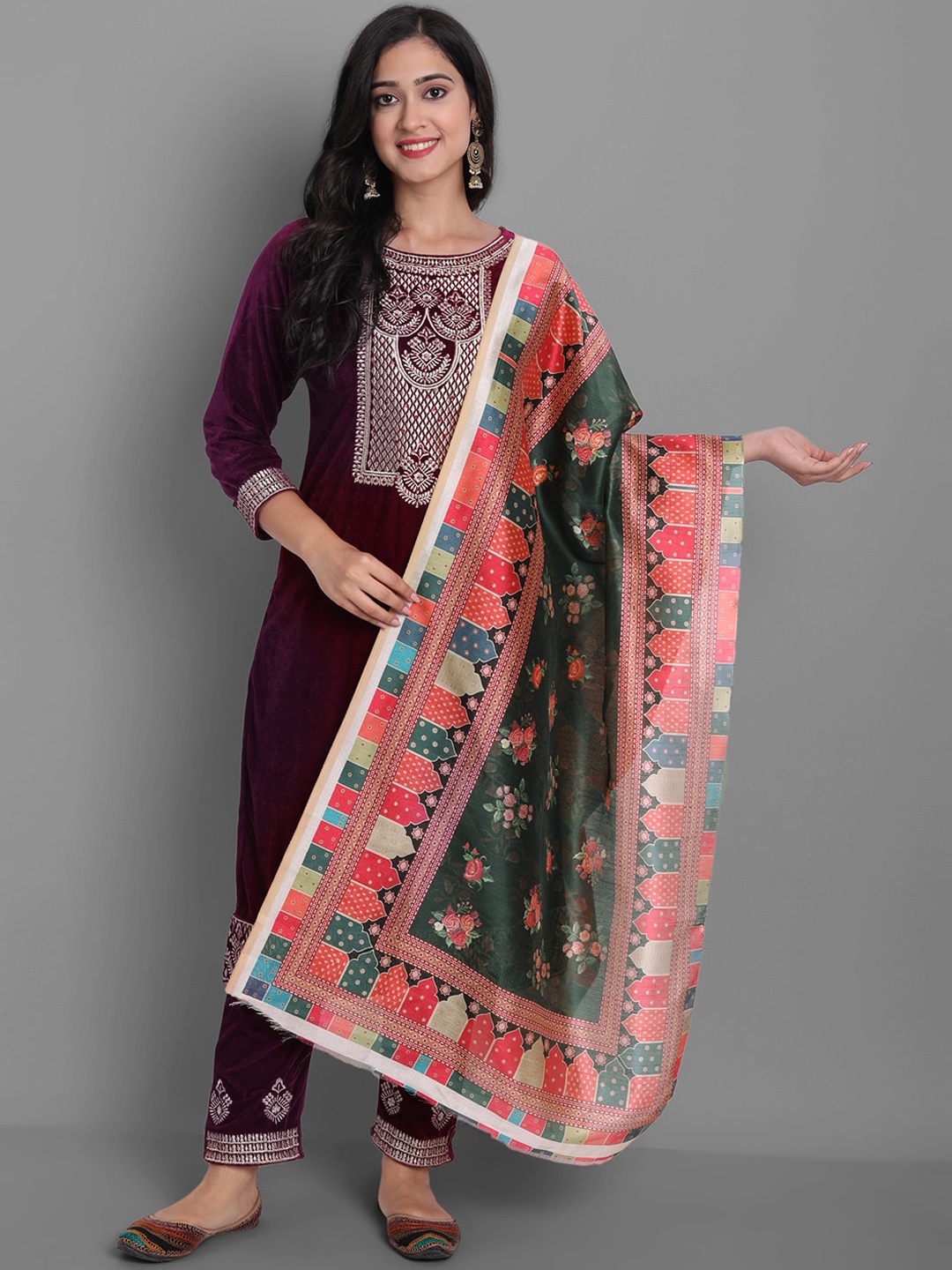 

KALINI Ethnic Motifs Yoke Design Thread Work Velvet Straight Kurta & Trouser With Dupatta, Burgundy