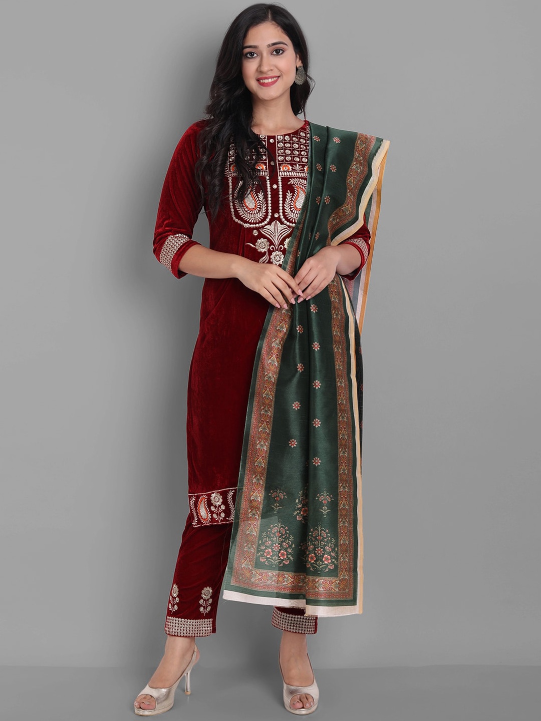 

KALINI Ethnic Motifs Yoke Design Thread Work Velvet Straight Kurta & Trousers With Dupatta, Red