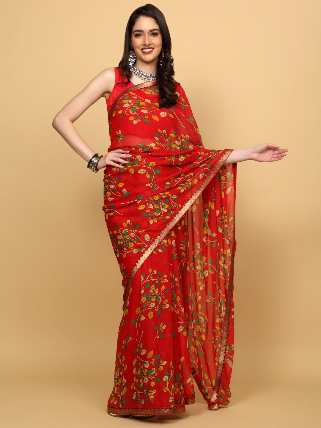 

Anuradha Sarees Floral Printed Zari Saree, Pink