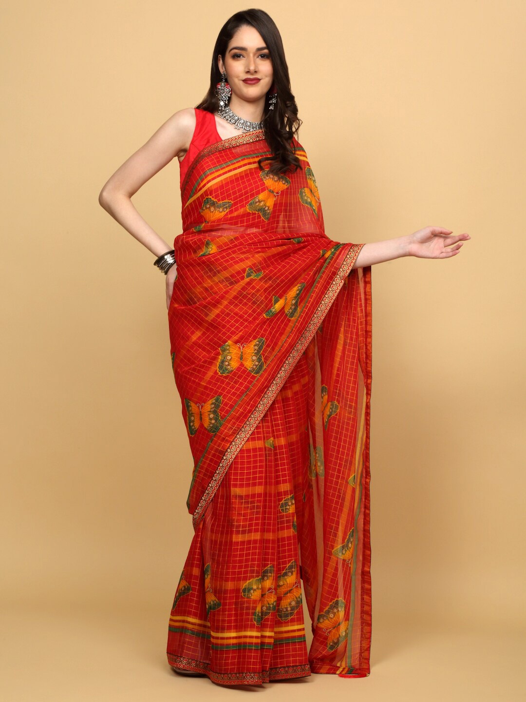 

Anuradha Sarees Checked Saree, Red