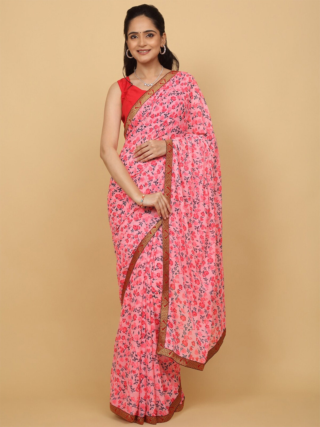 

Anuradha Sarees Floral Printed Poly Georgette Saree, Pink