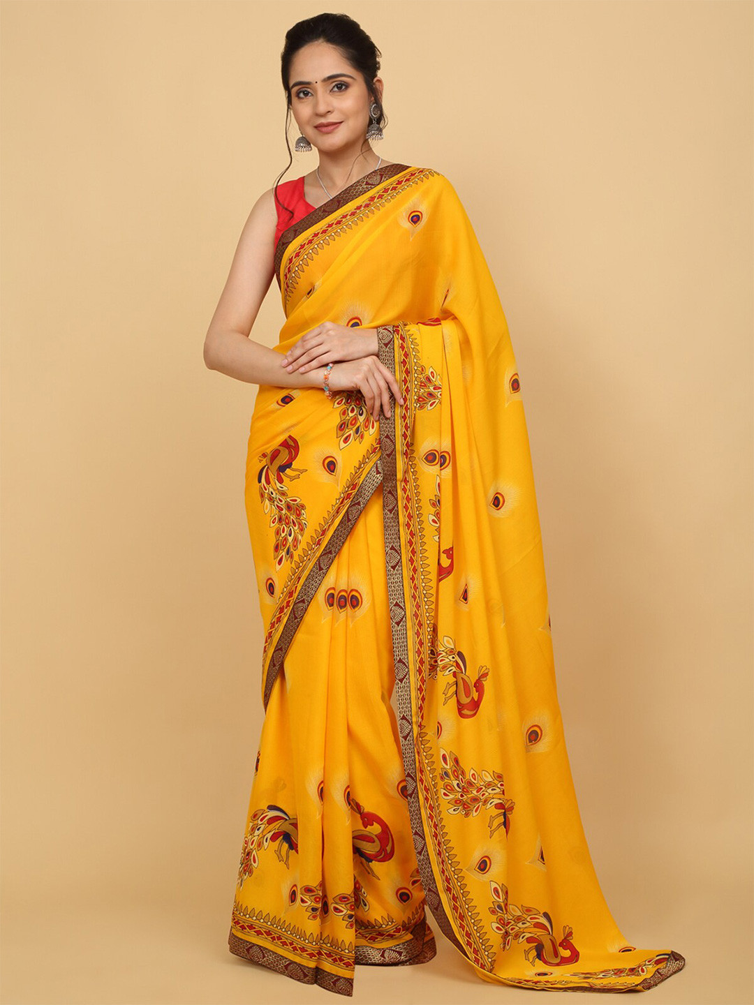 

Anuradha Sarees Ethnic Motifs Printed Zari Saree, Yellow