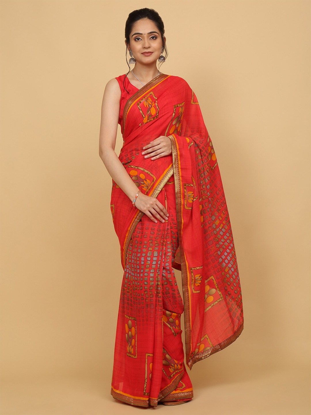 

Anuradha Sarees Floral Printed Zari Border Saree, Red