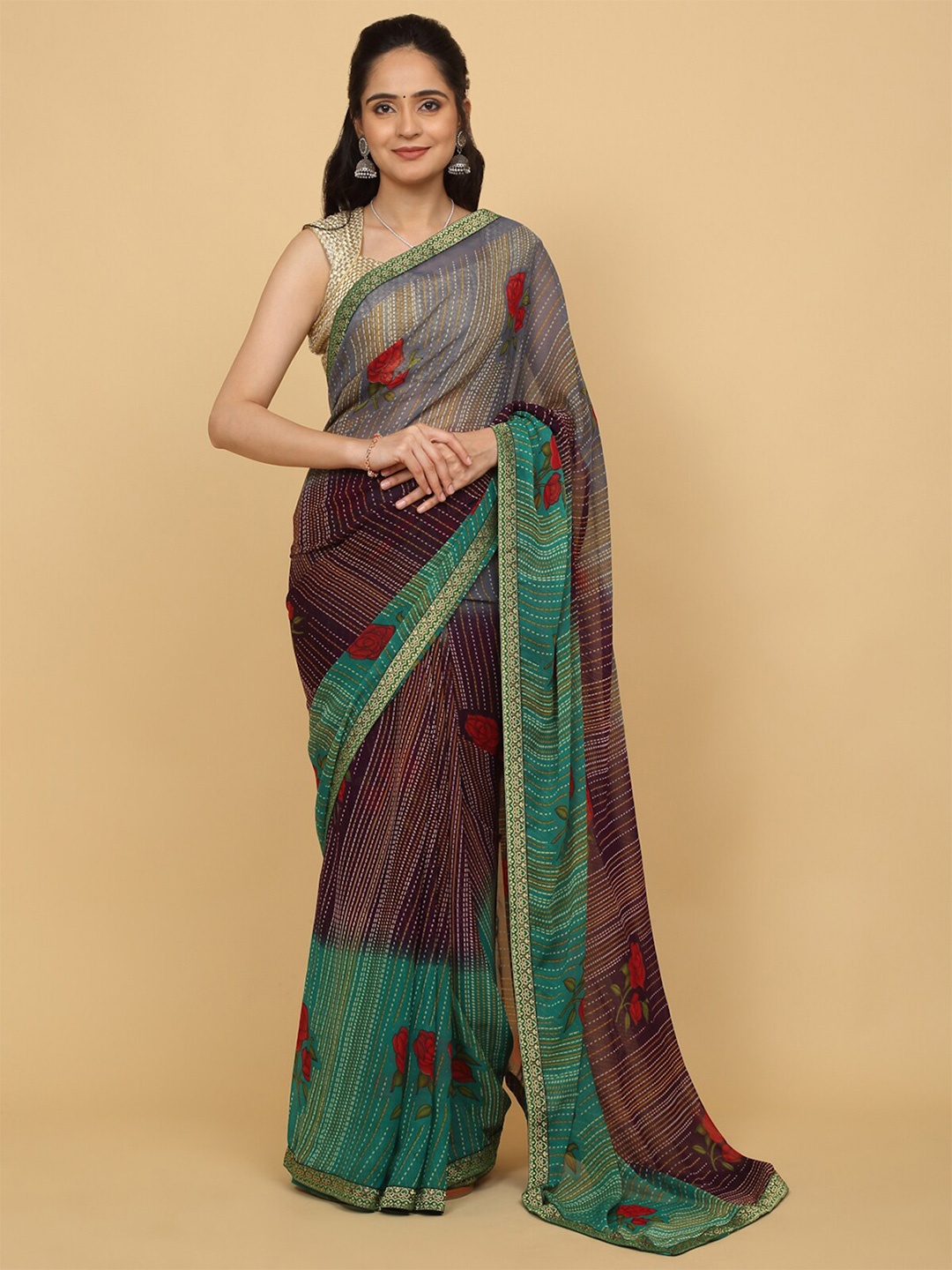 

Anuradha Sarees Floral Printed Zari Border Saree, Green