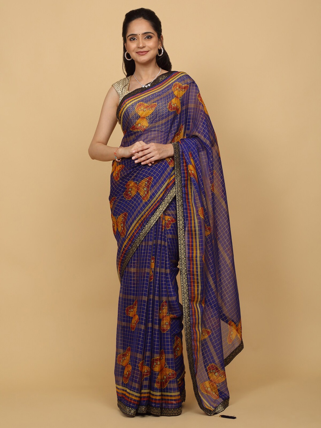 

Anuradha Sarees Checked Printed Saree, Blue