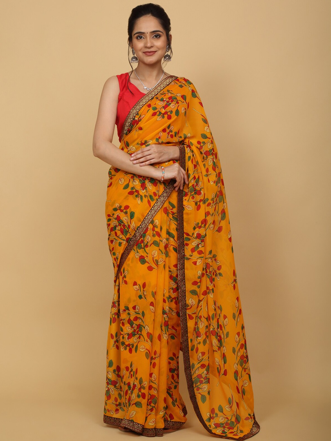 

Anuradha Sarees Floral Printed Zari Border Saree, Yellow