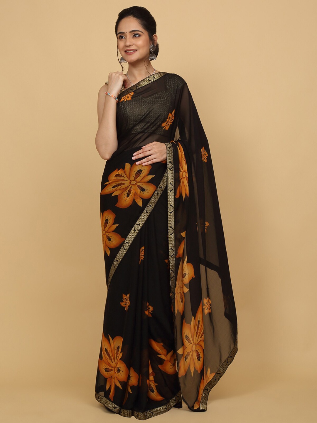 

Anuradha Sarees Floral Printed Zari Saree, Coffee brown