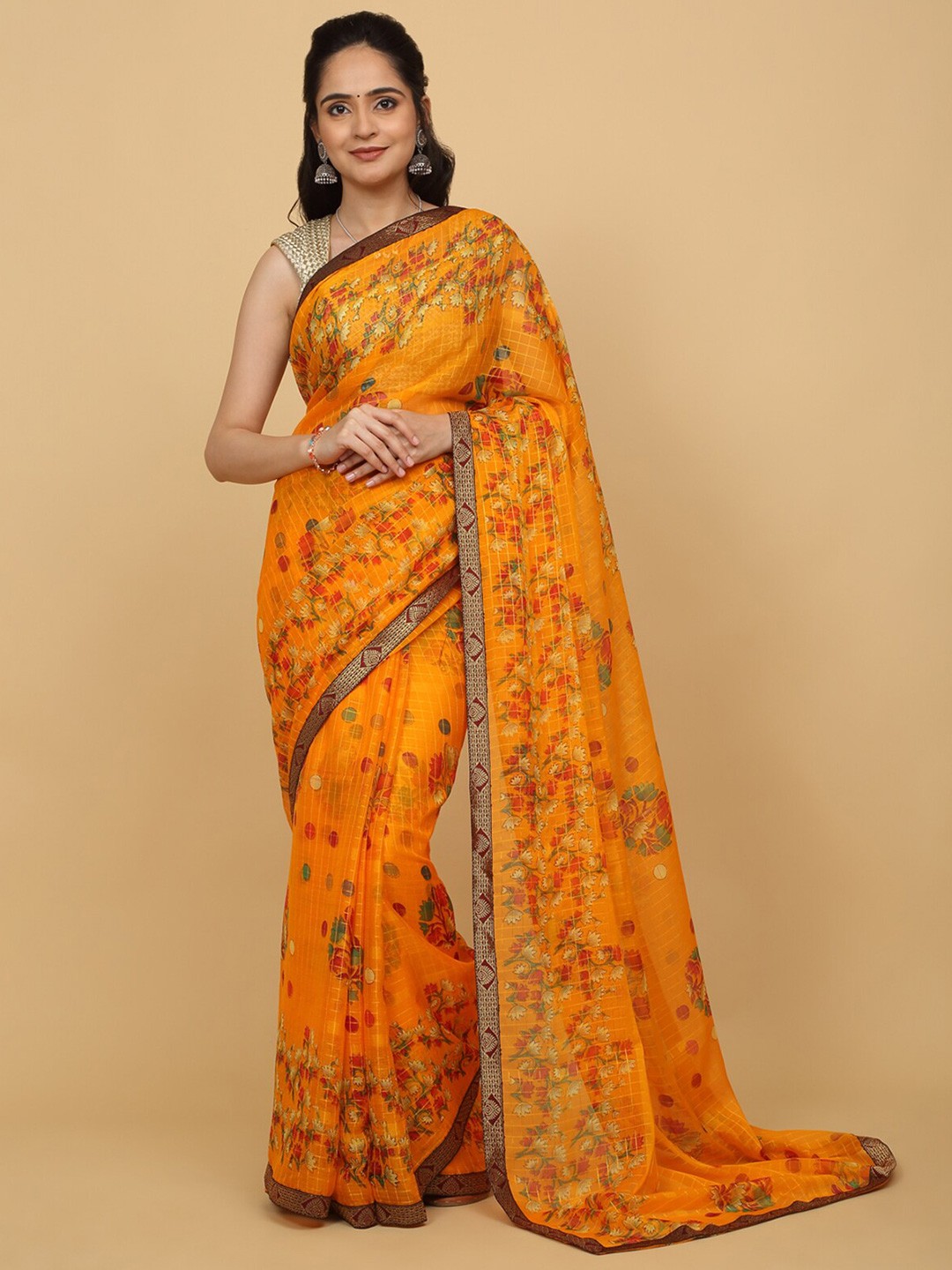 

Anuradha Sarees Floral Printed Zari Saree, Yellow
