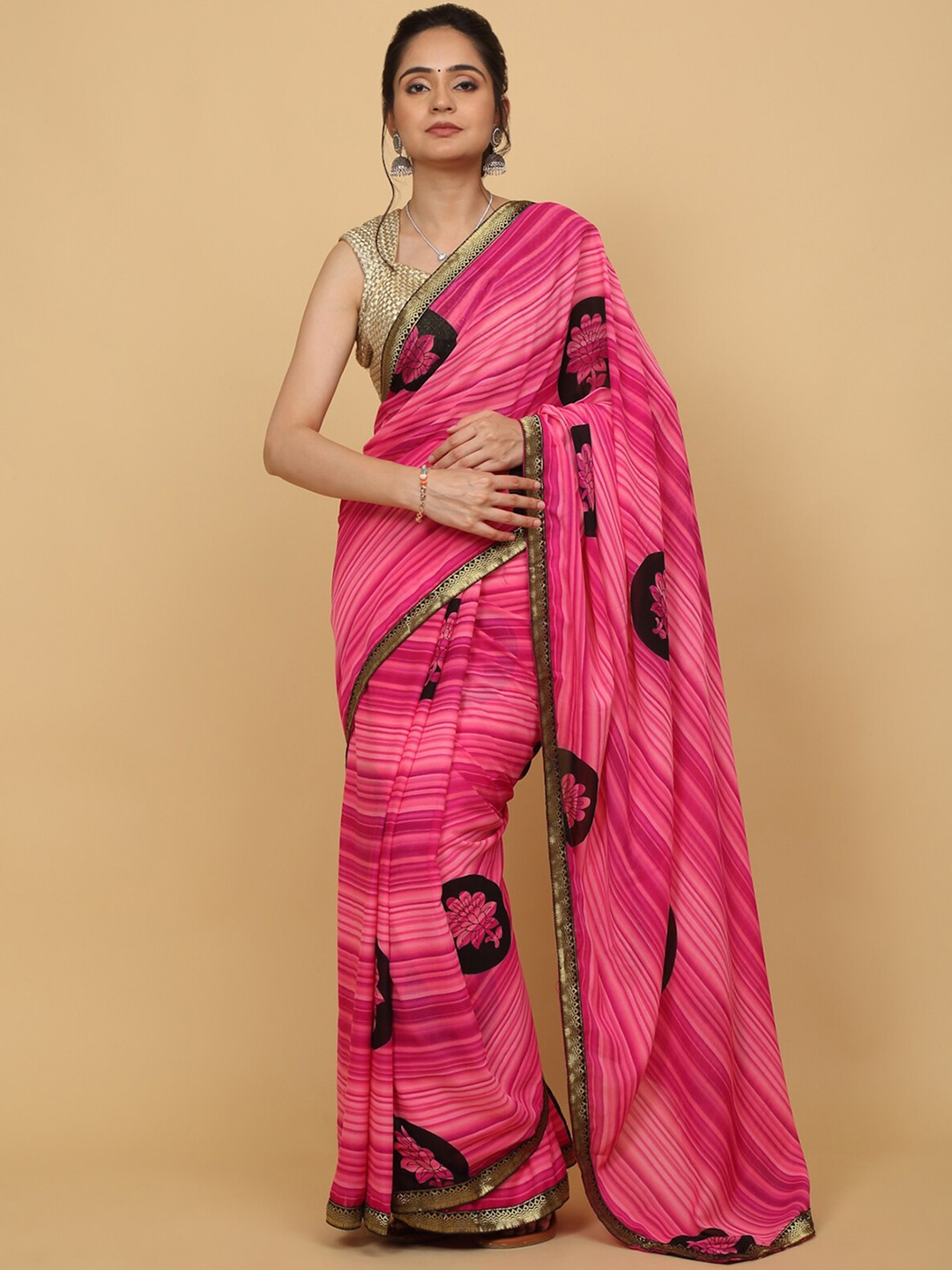 

Anuradha Sarees Striped Zari Poly Georgette Saree, Pink