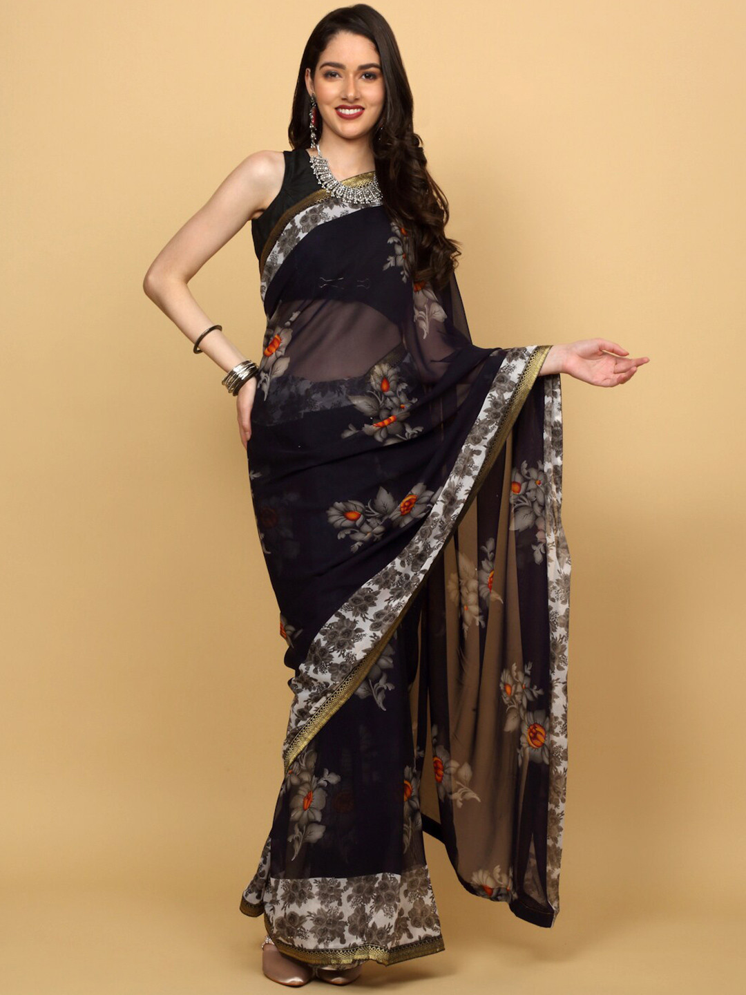 

Anuradha Sarees Floral Printed Saree, Navy blue