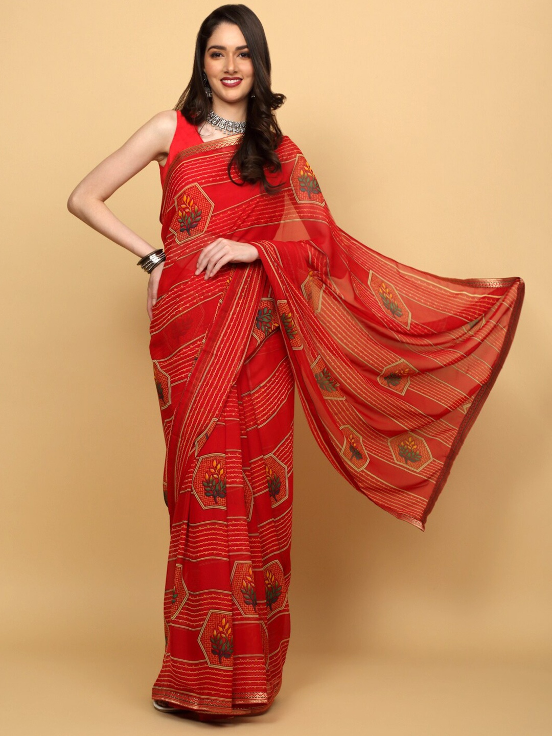 

Anuradha Sarees Floral Printed Georgette Saree, Red