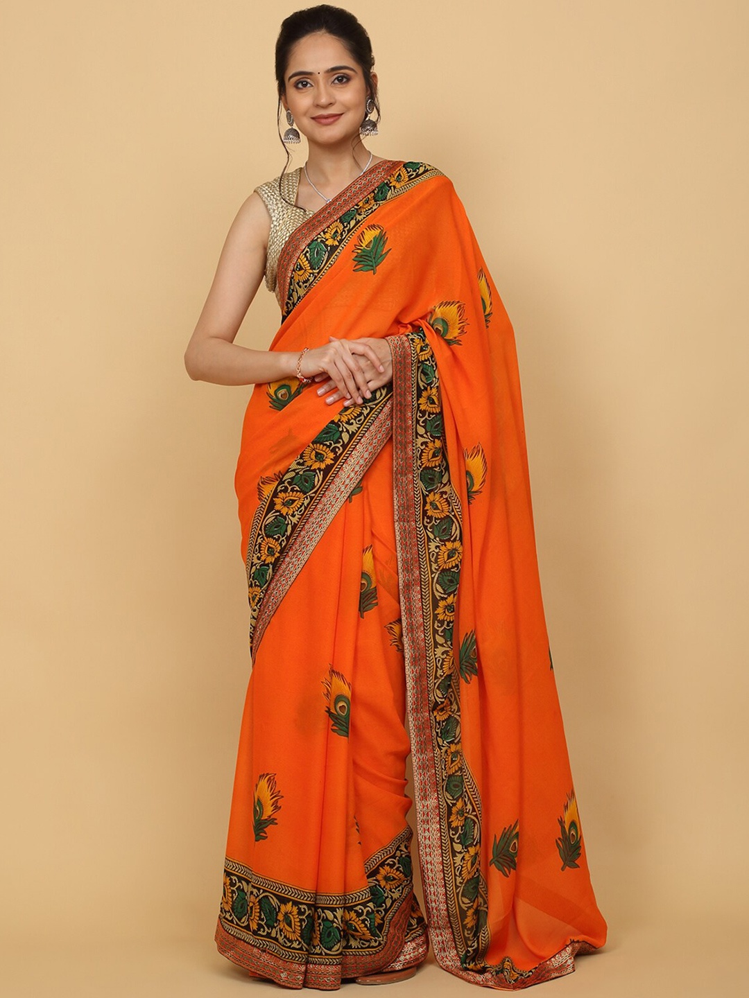 

Anuradha Sarees Floral Printed Zari Saree, Orange