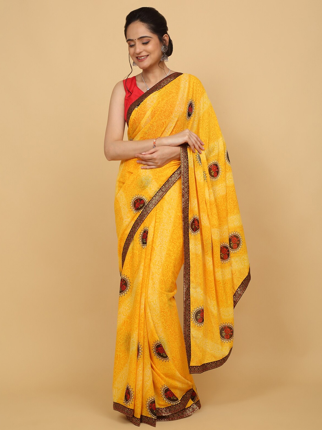

Anuradha Sarees Floral Printed Zari Saree, Yellow