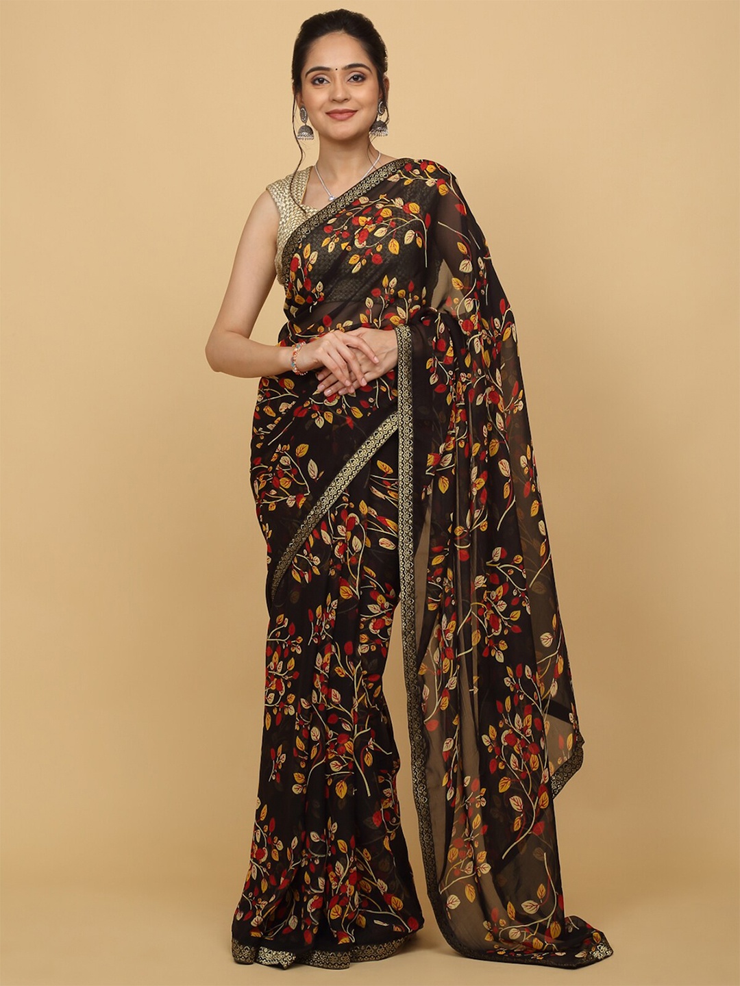 

Anuradha Sarees Floral Printed Zari Saree, Black