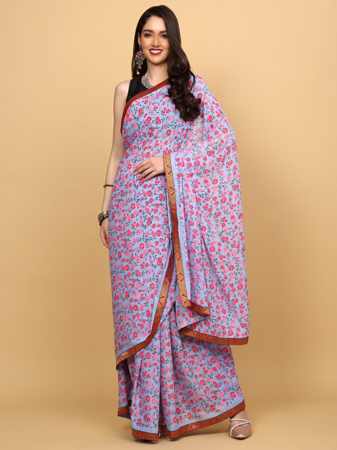 

Anuradha Sarees Floral Printed Zari Saree, Blue