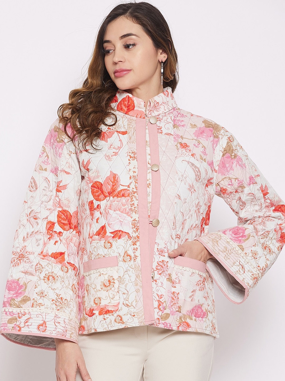 

The Kaftan Company Floral Printed Mock Collar Cotton Quilted Jacket, Off white