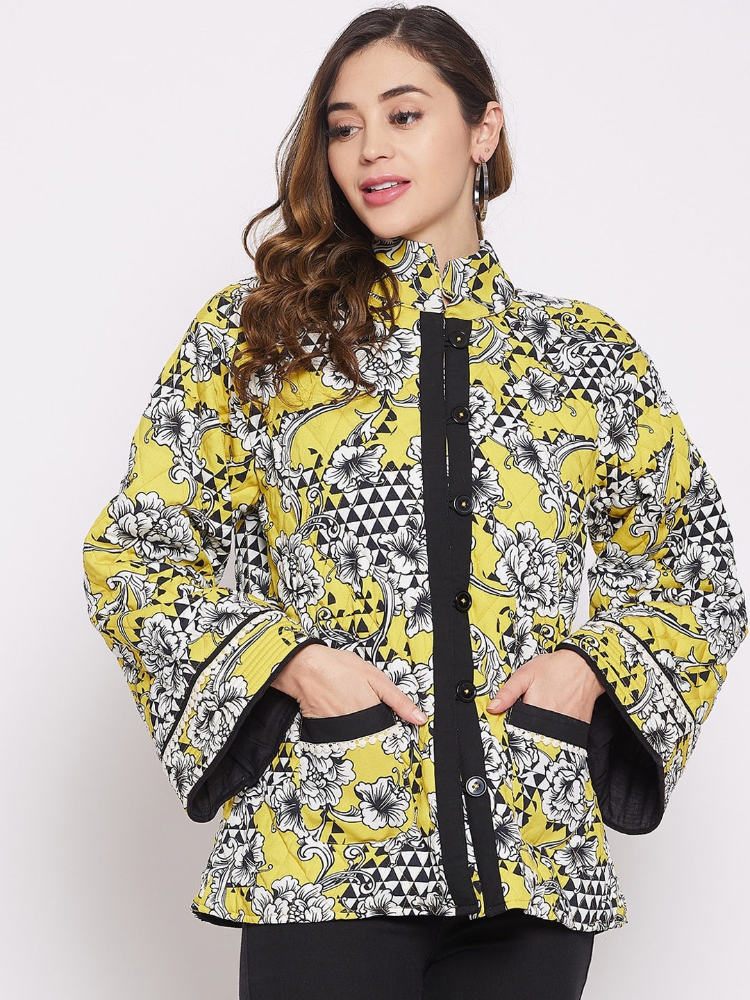 

The Kaftan Company Floral Printed Mock Collar Cotton Quilted Jacket, Yellow