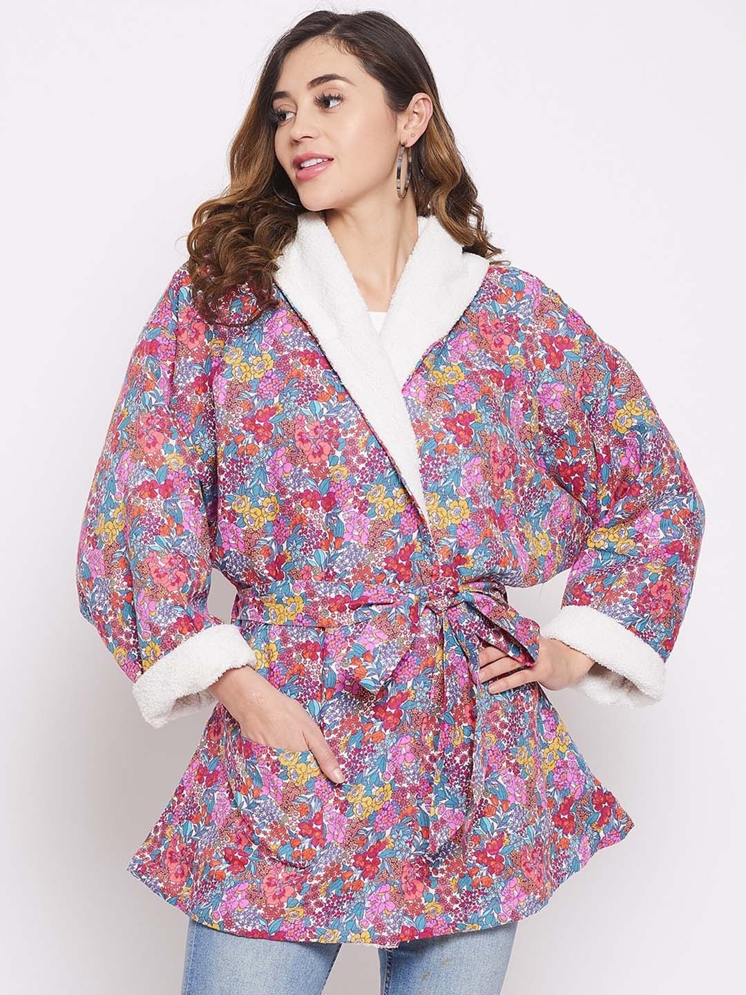 

The Kaftan Company Floral Printed Longline Hooded Cotton Tailored Jacket, Pink