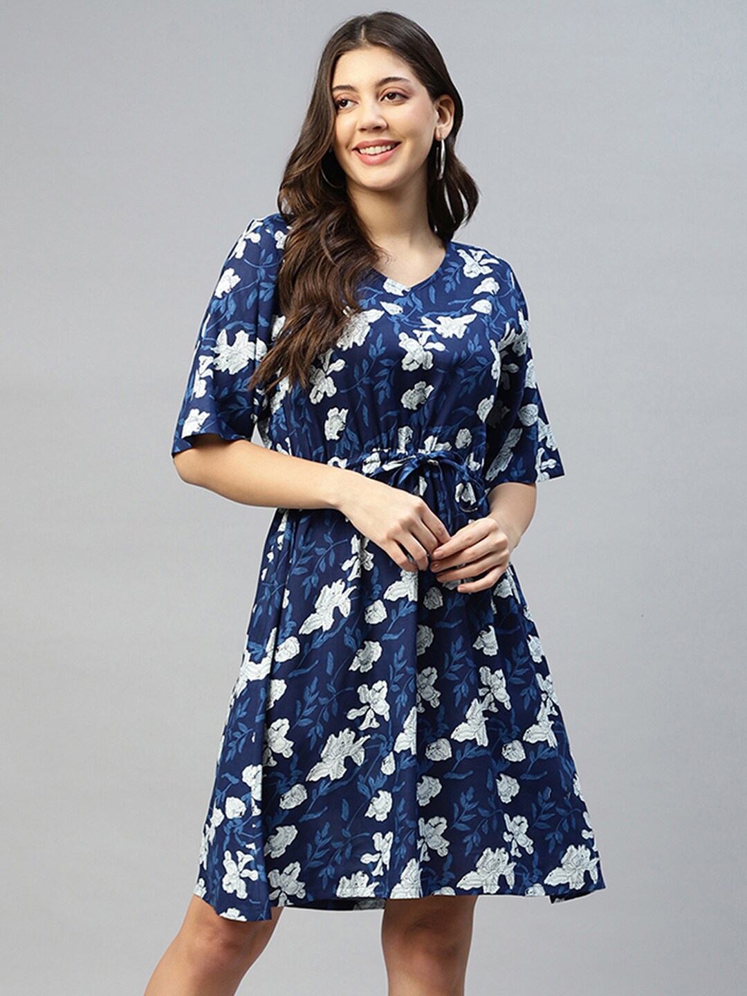 

DEEBACO Floral Rayon V-Neck Mini Dress, Blue