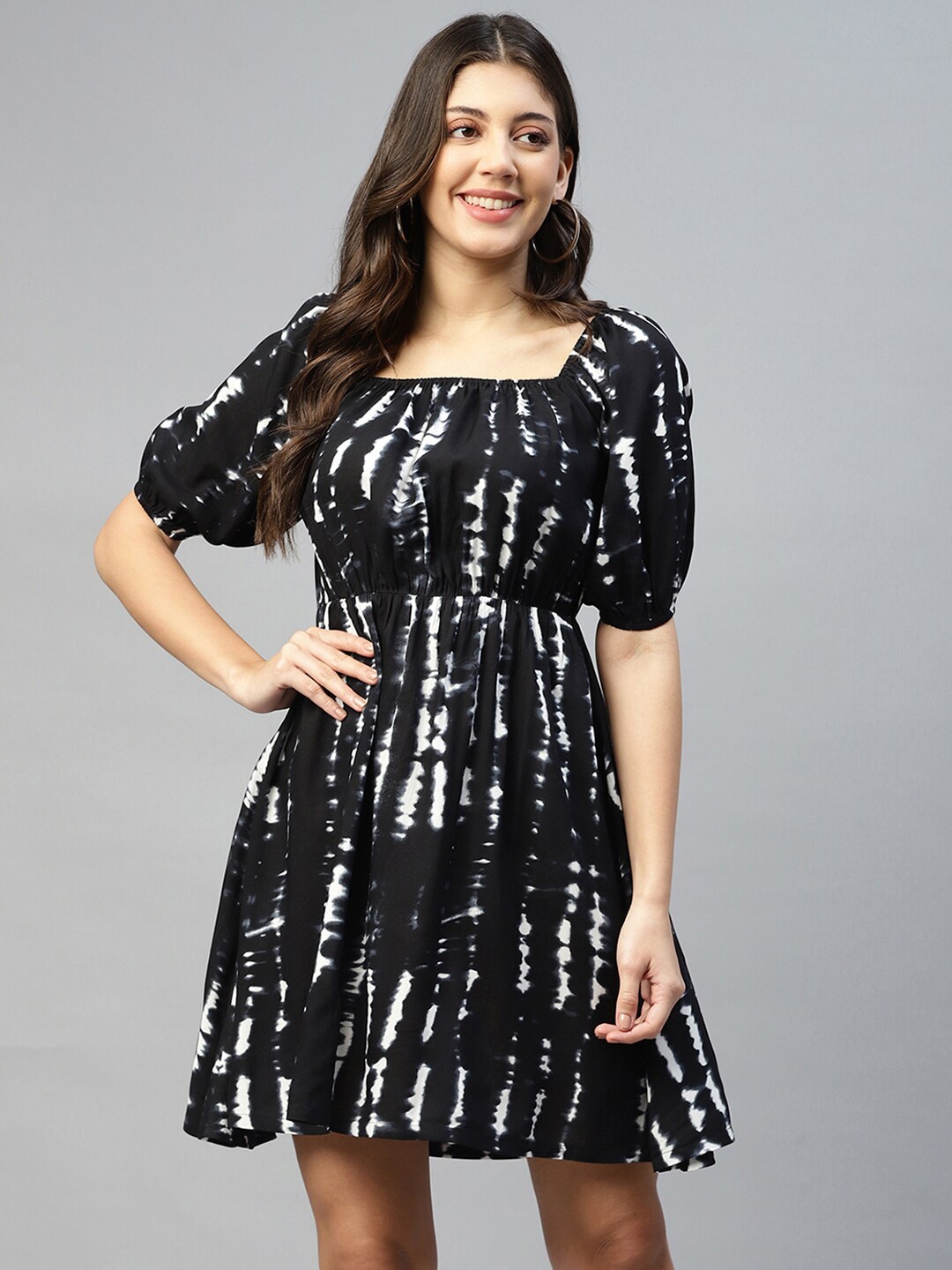 

DEEBACO Tie & Dye Square Neck Mini Dress, Black