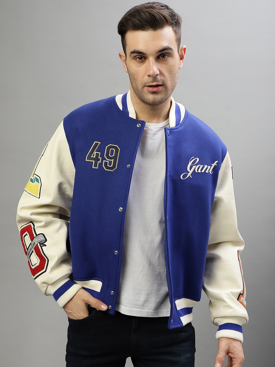 

GANT Embroidered Detail Stand Collar Varsity Jacket, Blue