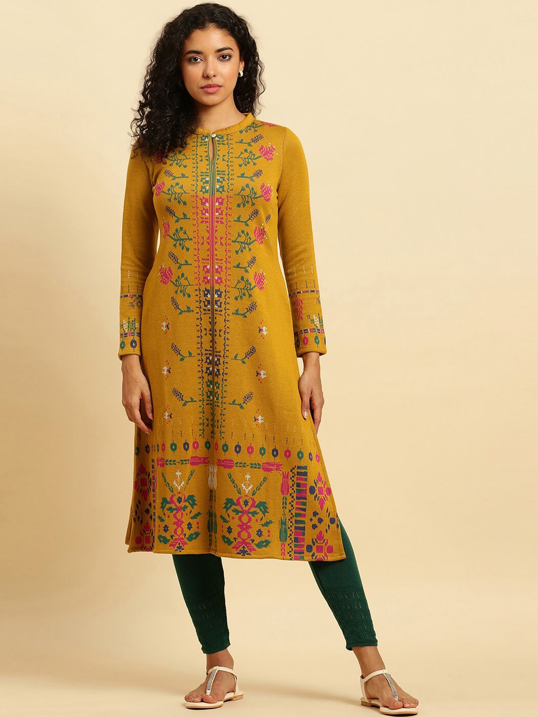 

W Floral Printed Keyhole Neck Regular Kurta with Leggings, Yellow