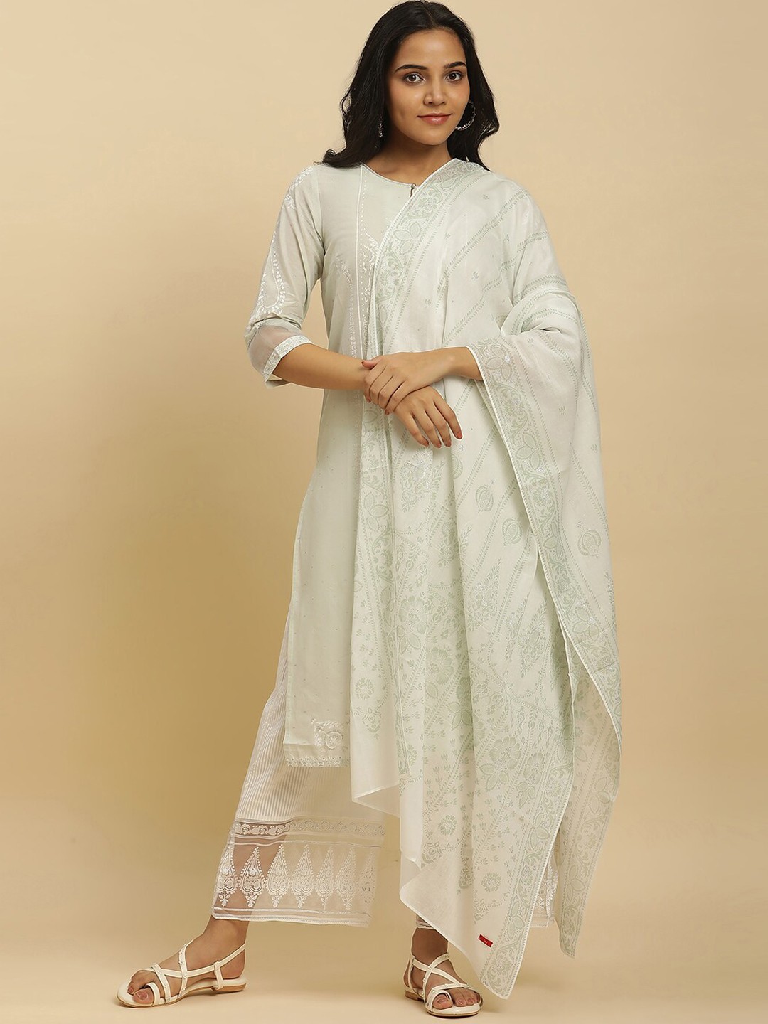 

W Women Ethnic Motifs Printed Sequinned Pure Cotton Straight Kurta & Trousers With Dupatta, Green
