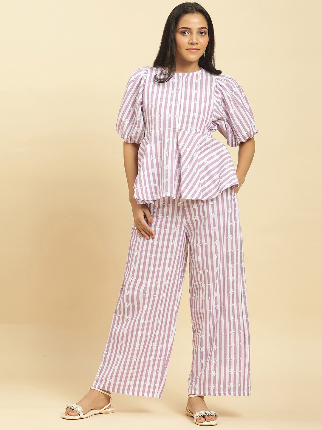 

W Women Lavender & White Striped Embroidered Top with Trousers