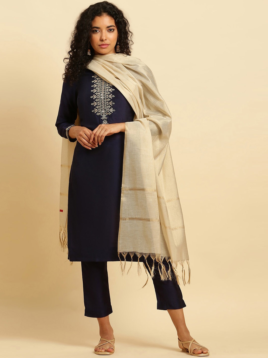 

W Ethnic Motifs Yoke Design Kurta & Trousers With Dupatta, Blue