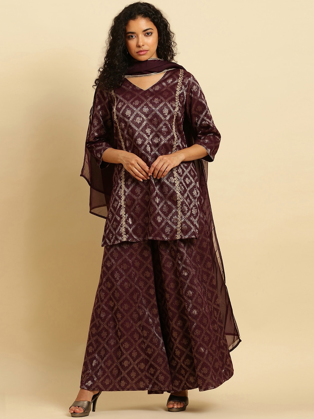 

W Women Festive Striped Print Kurta With Flared Pant & Dupatta, Brown