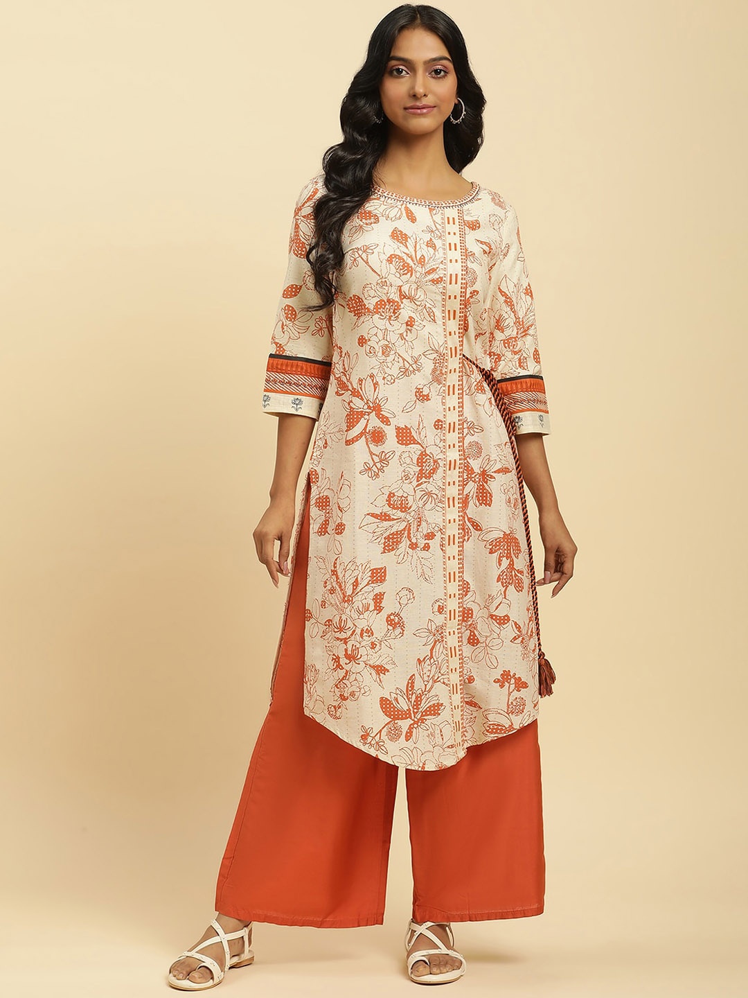 W Floral Printed Thread Work Kurta with Trousers, White