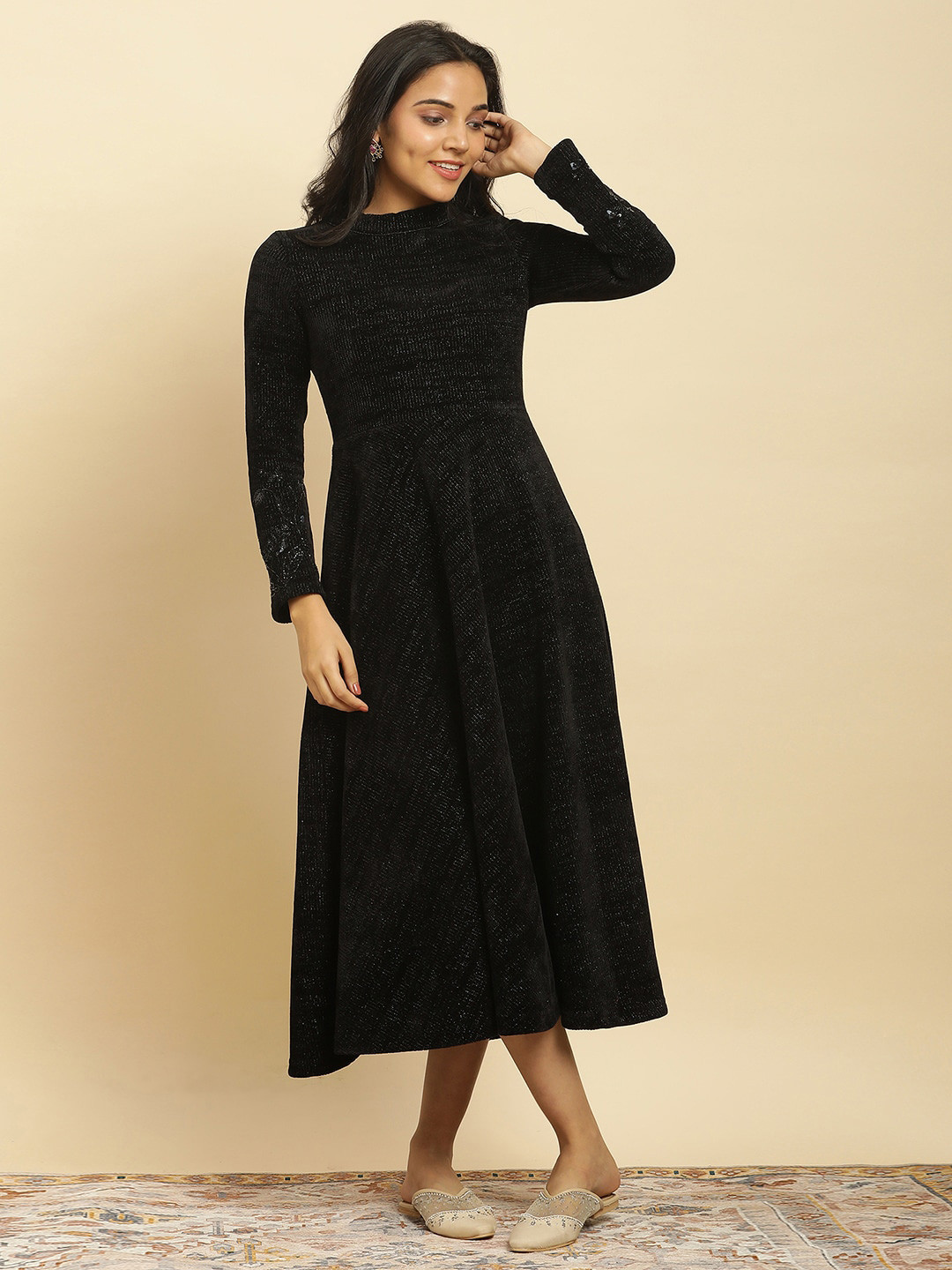 

W Self Design High Neck Fit & Flare Midi Dress, Black
