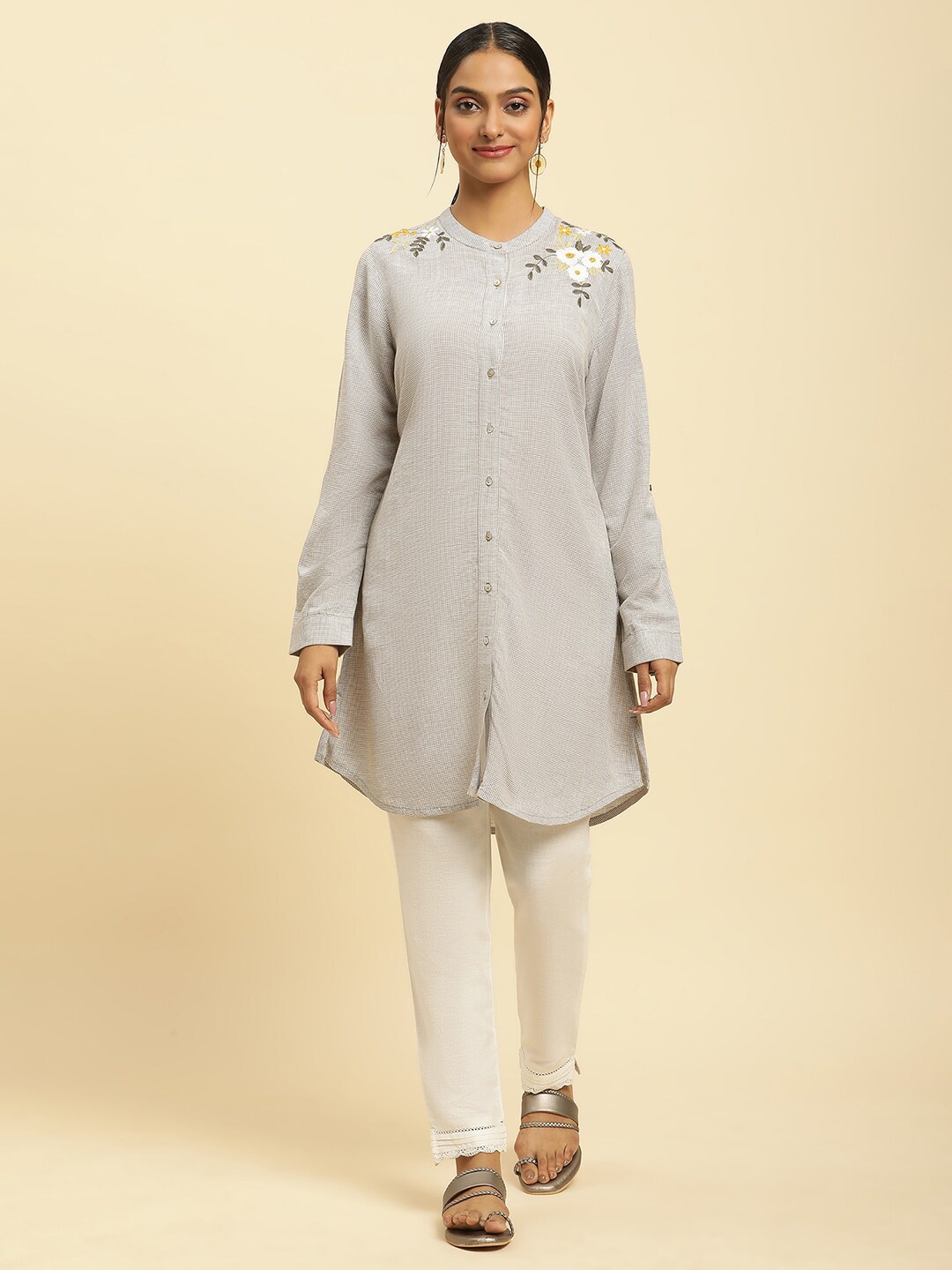 

W Checked Collar Checked Band Collar Long Sleeve A-Line Kurta, White