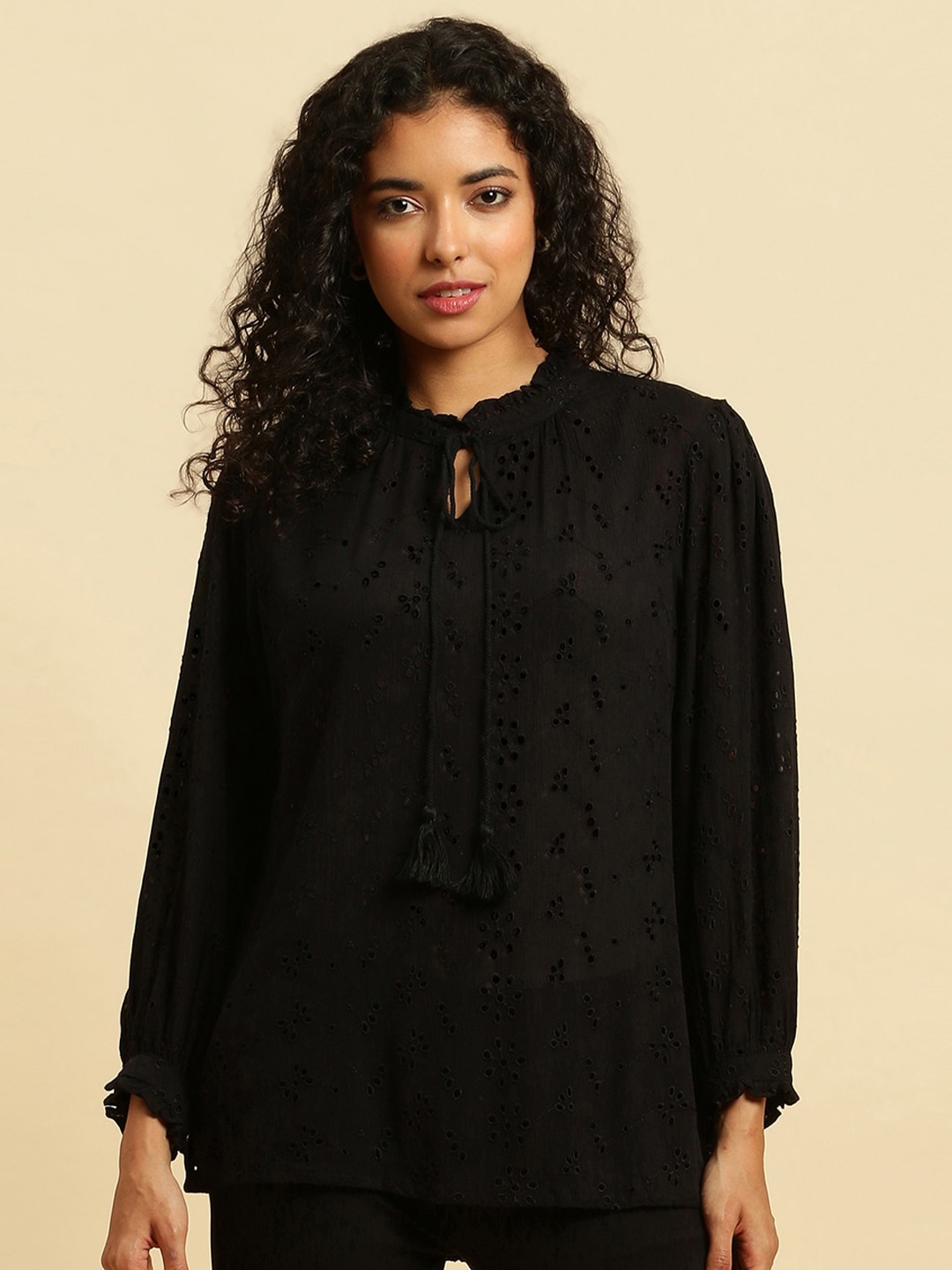 

W Self Design Tie Up Neck Puff Sleeves Top, Black