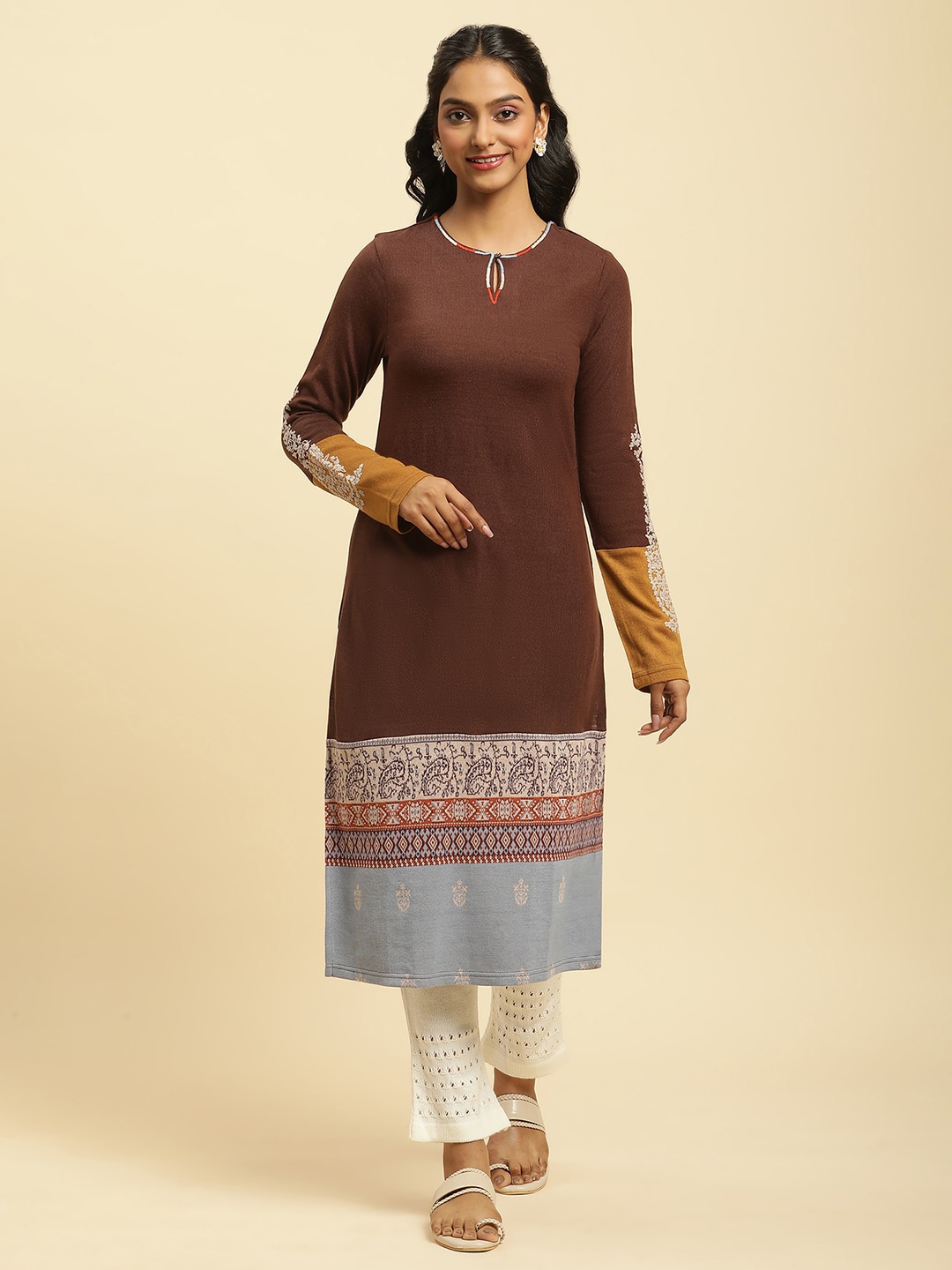 

W Brown Geometric Embroidered Keyhole Neck Thread Work Acrylic Straight Kurta
