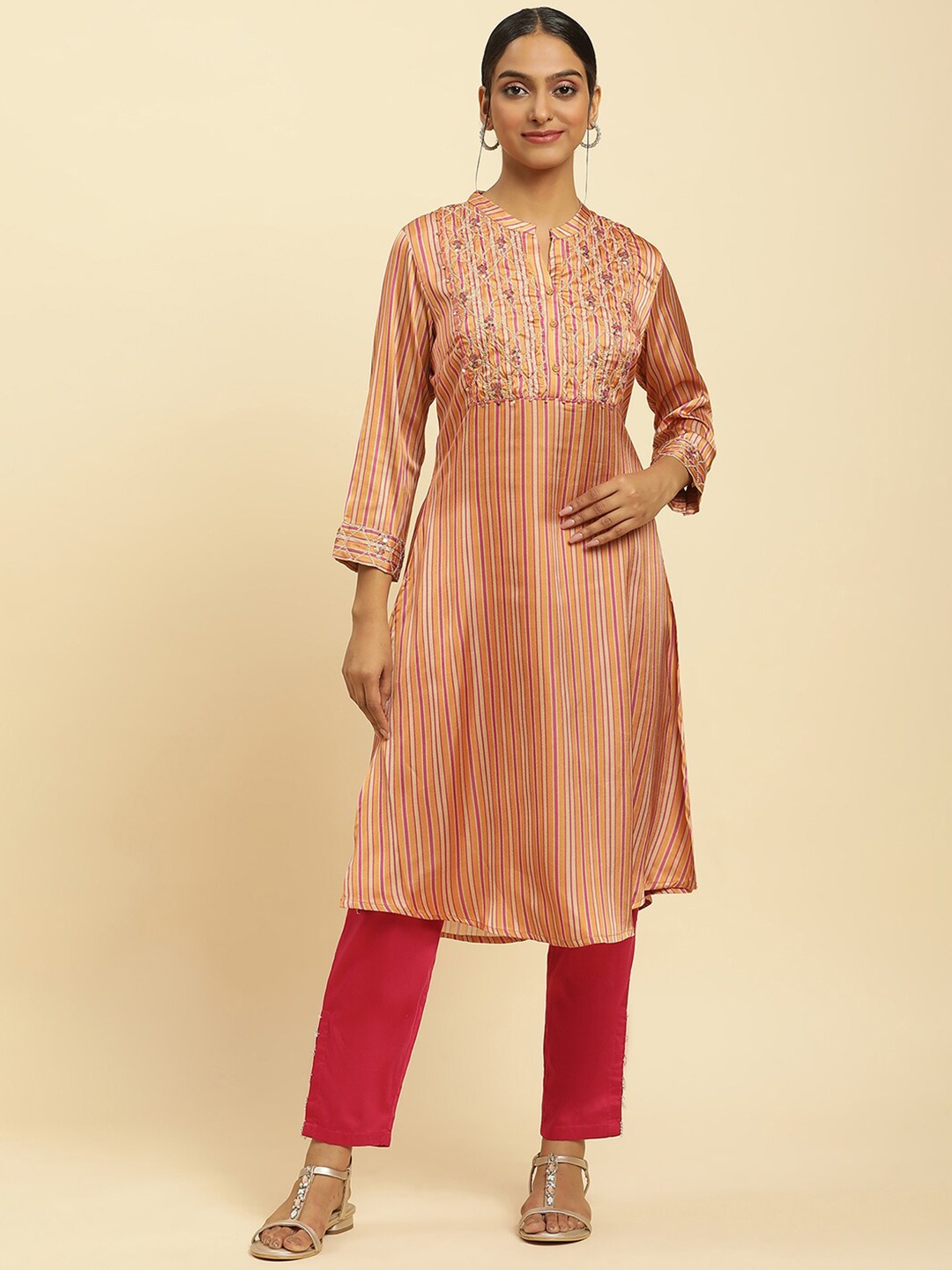 

W Striped Sequinned Straight Kurta, Beige