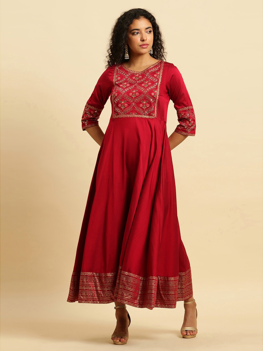 

W Red Floral Embroidered Round Neck Sequinned Fit & Flare Maxi Ethnic Dress