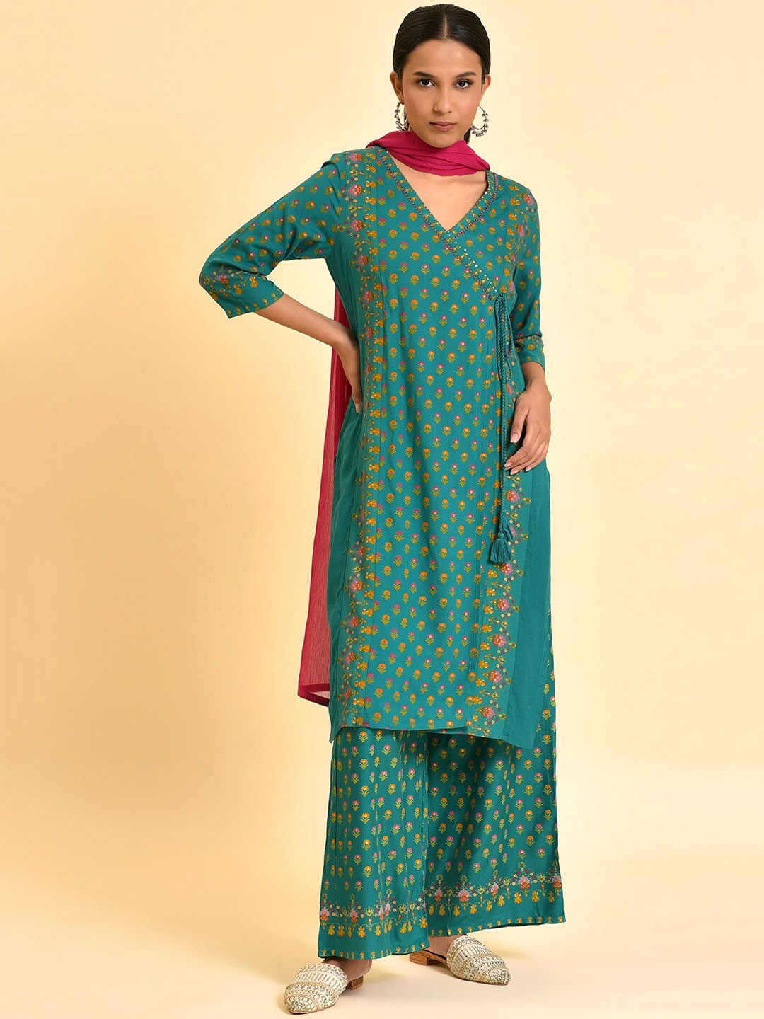 

W Floral Printed V-Neck Angrakha Beads & Stones Kurta With Trousers & Dupatta, Green