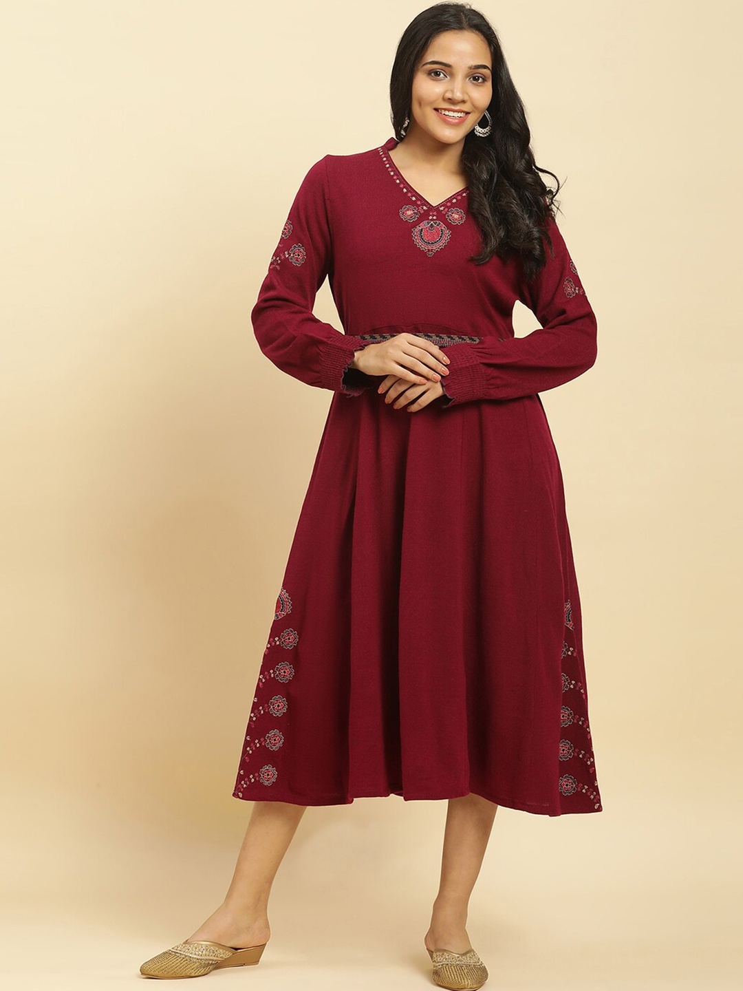 

W Ethnic Motifs Embroidered Long Sleeves Acrylic Fit & Flare Midi Ethnic Dress, Pink