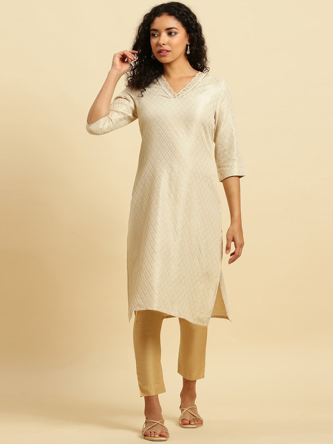 

W Geometric Printed Cotton Straight Kurta, White