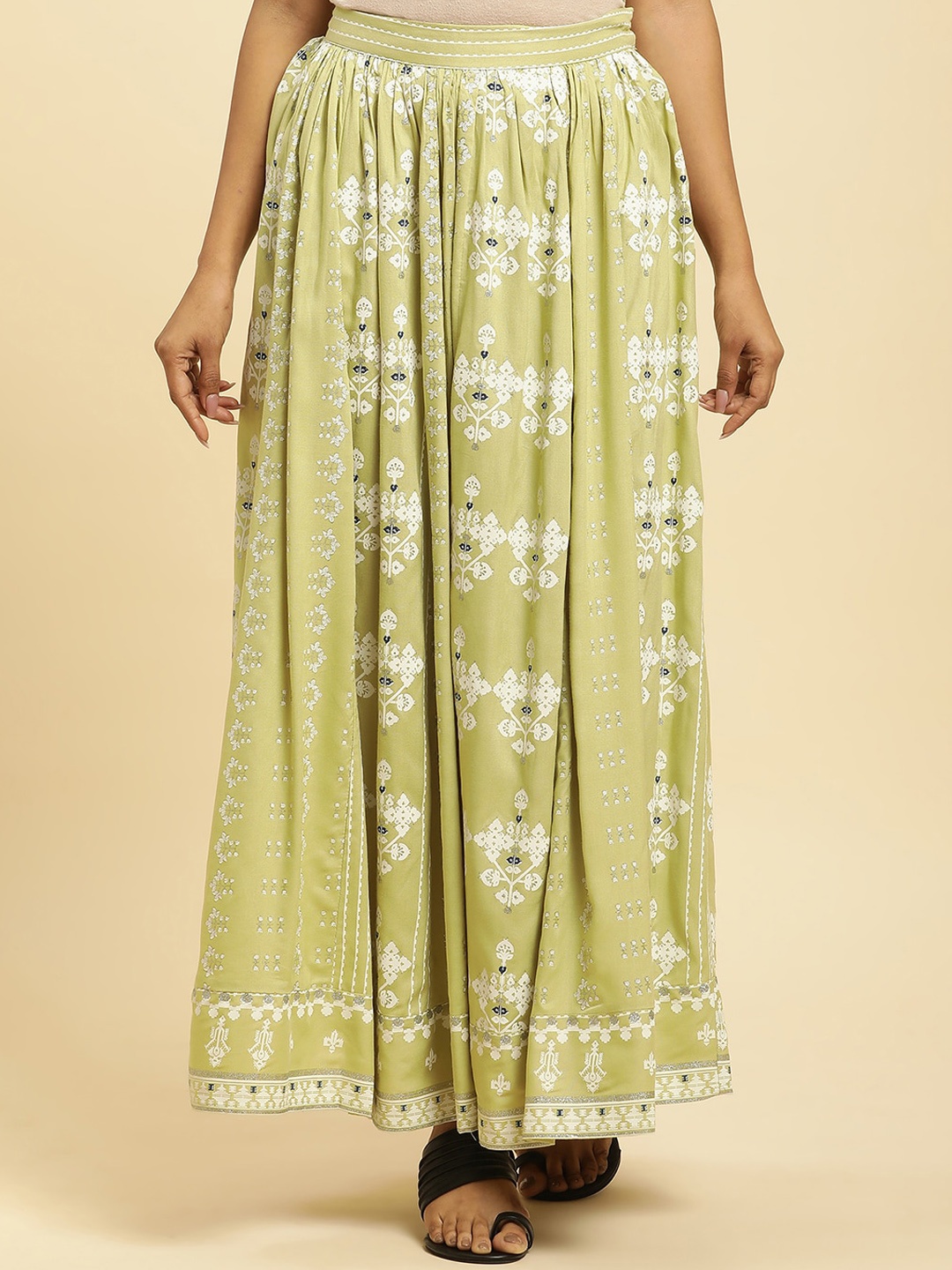 

W Floral Printed Flared Maxi Skirt, Green