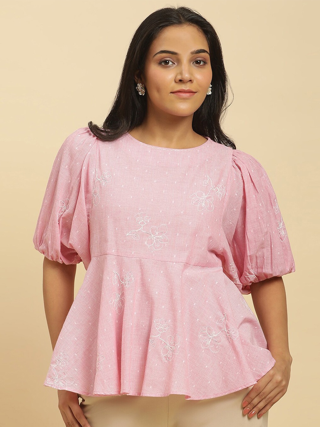 

W Floral Embroidered Puff Sleeve Pure Cotton Peplum Top, Pink