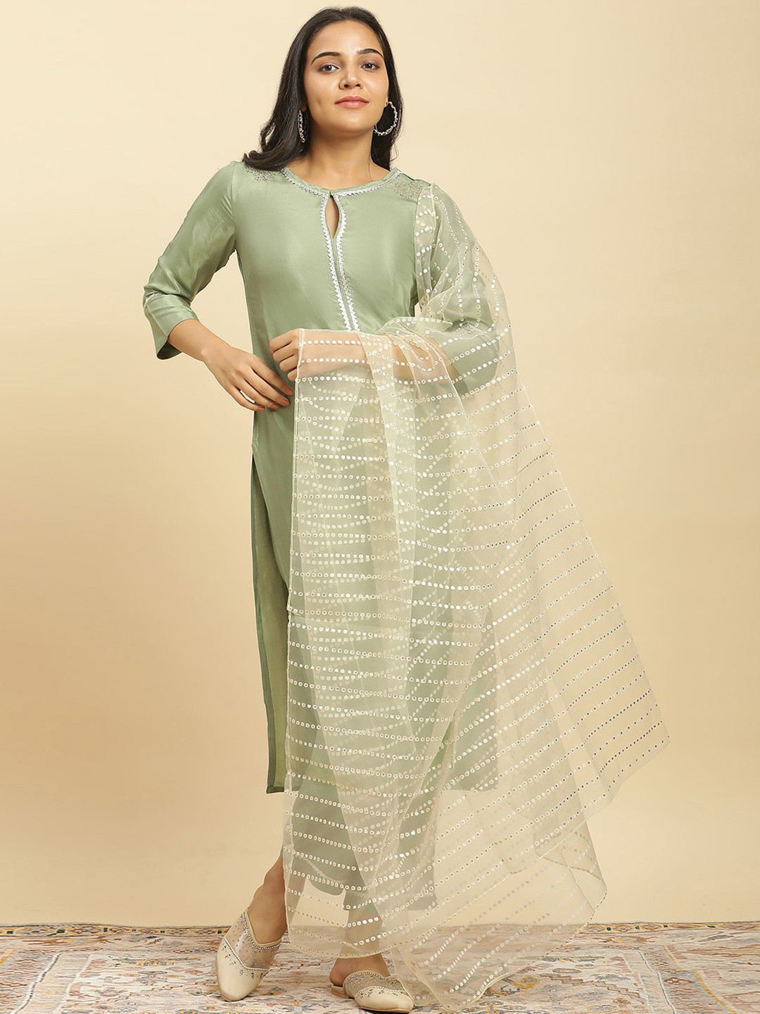 

W Keyhole Neck Three-Quarter Sleeve Regular Gotta Patti Kurta With Trousers & Dupatta, Green