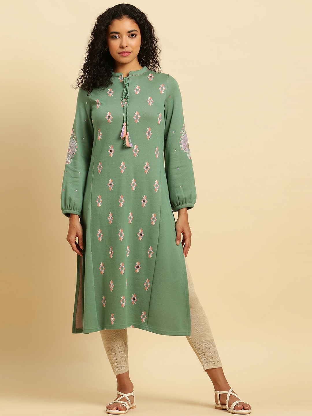 

W Women Ethnic Motifs Printed Thread Work Kurta, Green