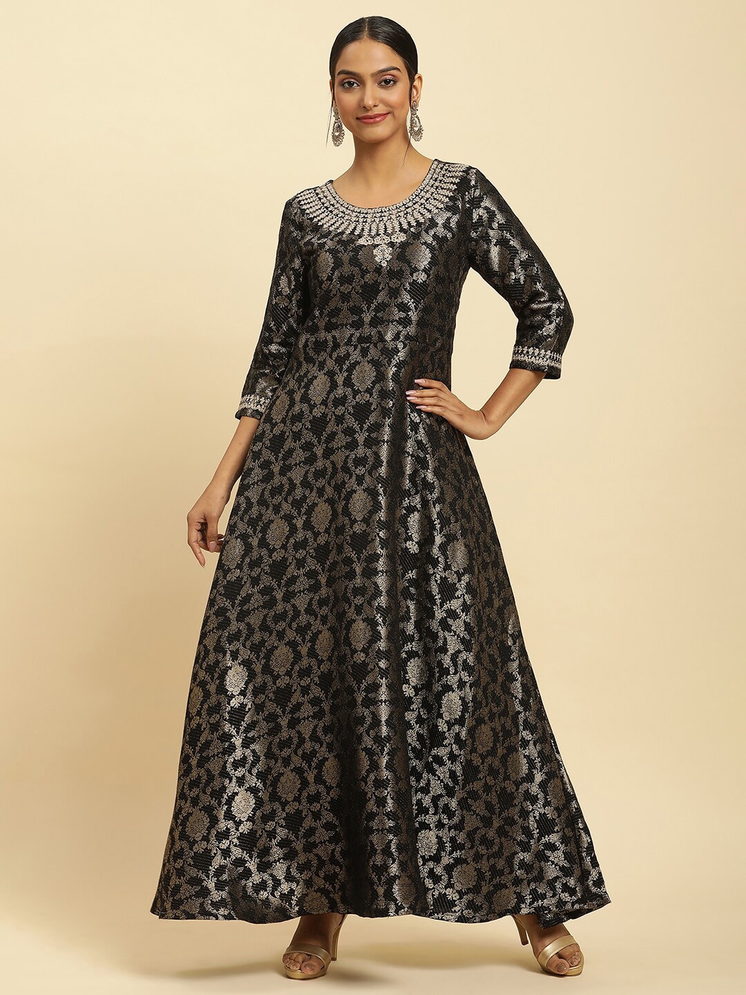 

W Black Ethnic Motifs Embroidered Round Neck Maxi Ethnic Dress