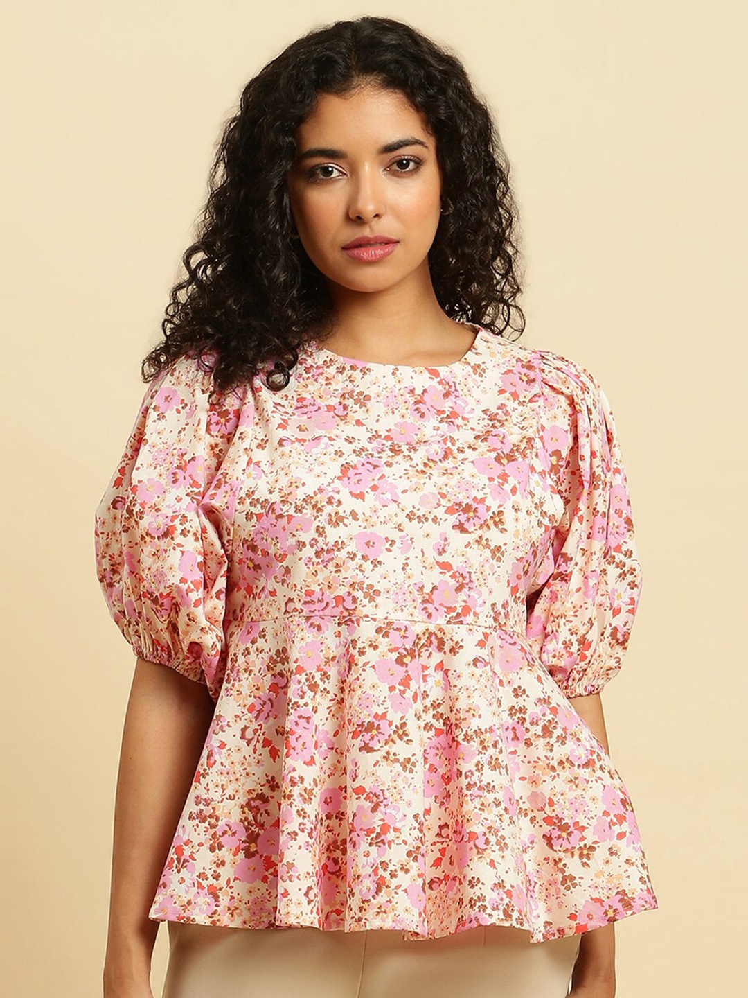 

W Floral Printed Puff Sleeve Pure Cotton Peplum Top, Cream